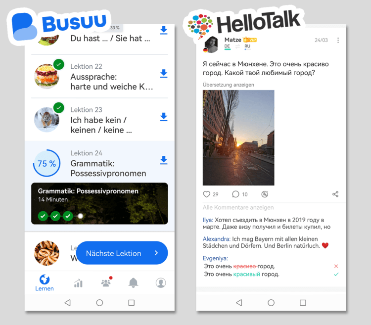 Screenshots der beiden Sprachlern-Apps Busuu und HelloTalk